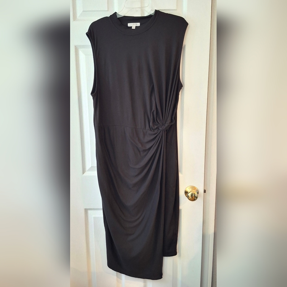 Nine Britton Lightweight Knit Dress Black  Sleeveless Faux Wrap Rouched Midi 2x